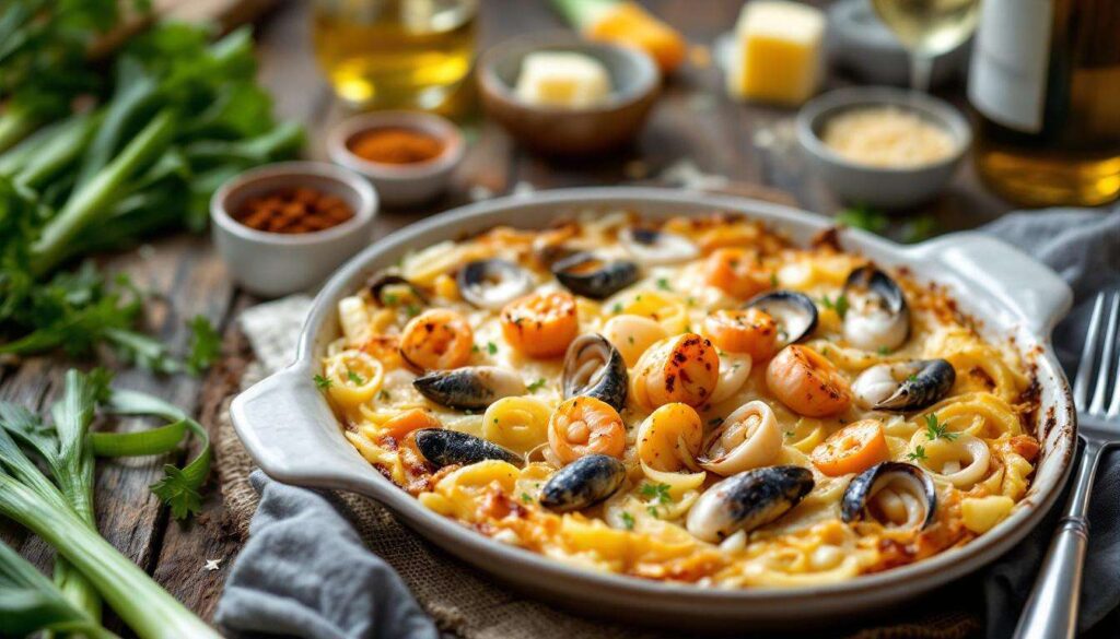 Lauch-Meeresfrüchte-Gratin: Einfach gemacht, aber festlich genug für besondere Abende